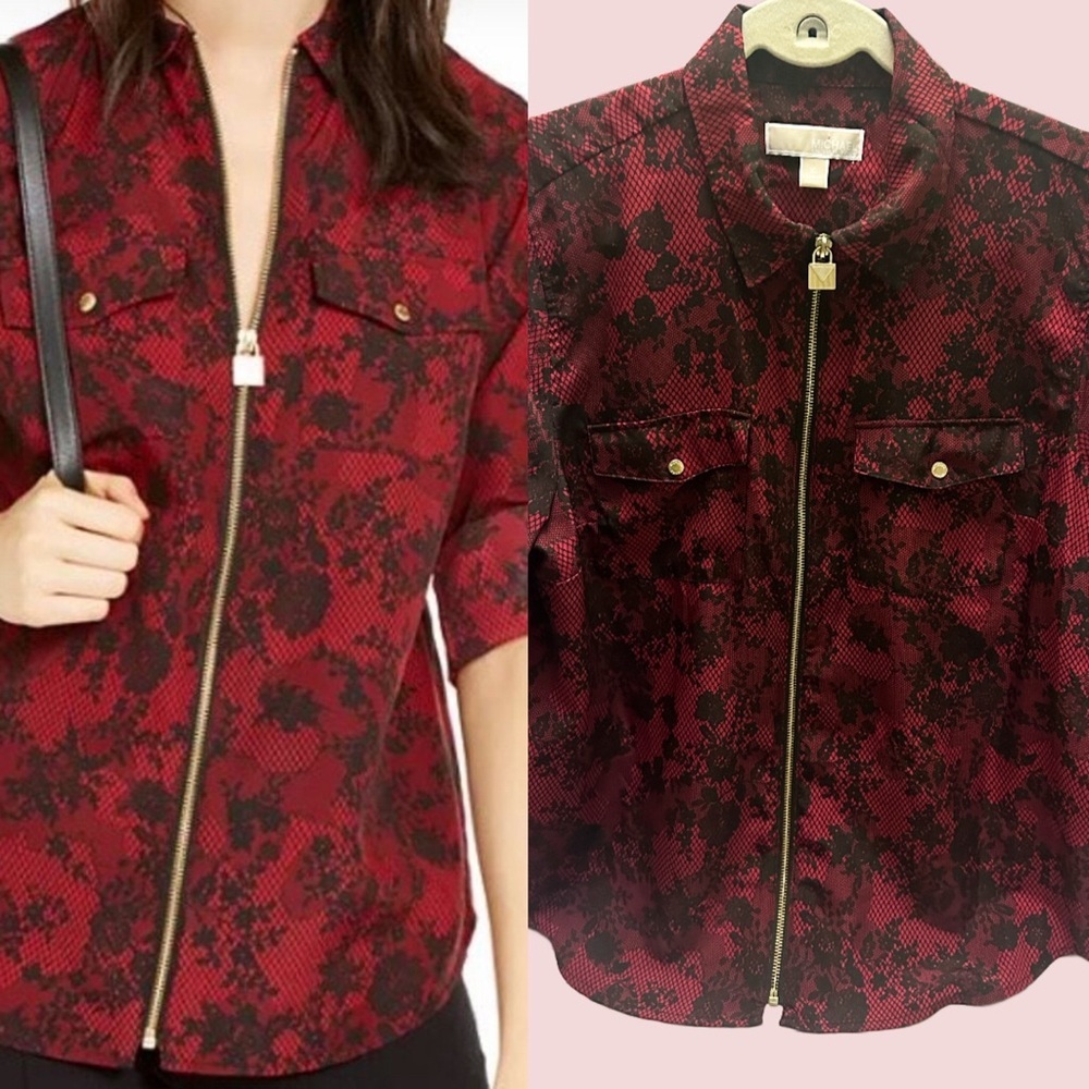 Michael Kors Red and Black Zip-Up Blouse size XL